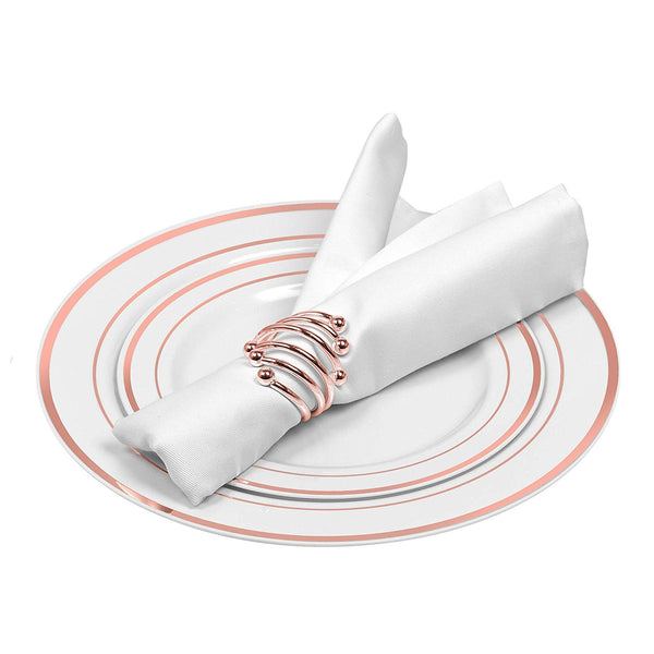 50 Disposable White Rose Gold Rimmed Heavy Duty Plastic Plates | 25 Dinner Plates and 25 Dessert or Appetizer Plates | Premium Combo Disposable Dinnerware Set | Great for Parties or Weddings.