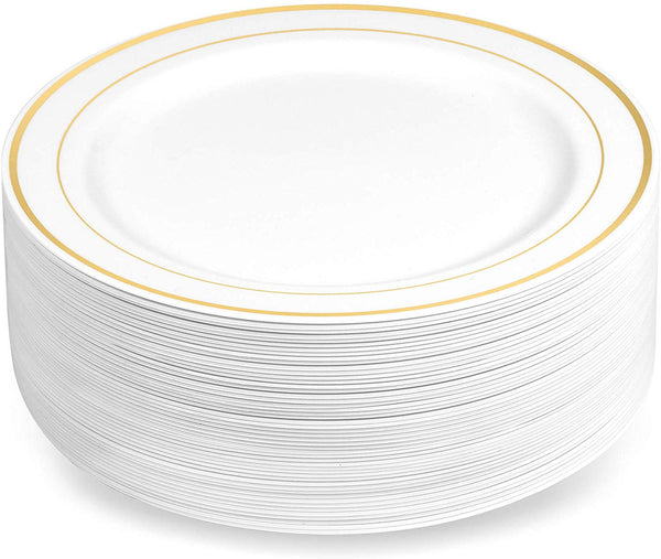 BloominGoods - Disposable Plastic plates, White with GOLD Rim - 7.5" Dessert Plate (100-pack)