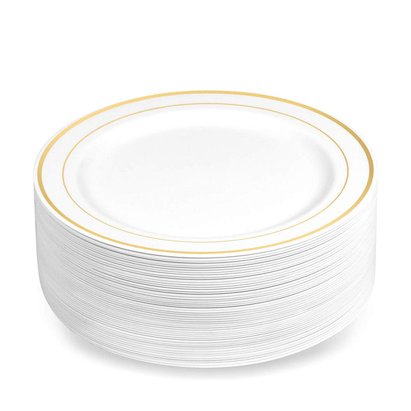 50 Plastic Disposable Dessert/Appetizer Plates | 7.5 inches White with Gold Rim Real China Look | Ideal for Weddings, Parties, Catering | Heavy Duty & Non Toxic (50-Pack) by BloominGoods