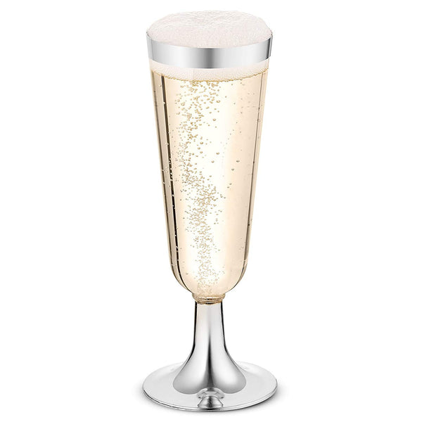 50 Plastic Silver Rimmed Champagne Flutes | 5.5 oz. Clear Hard Disposable Party & Wedding Cups | Premium Heavy Duty Fancy Champagne Flute or Toasting Glasses (50-Pack) Silver by Bloomingoods