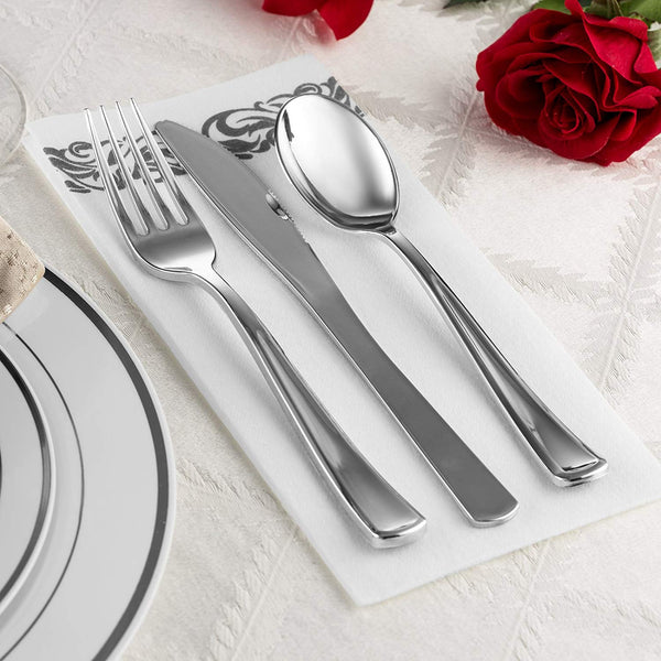 25 Guest Disposable Silver Dinnerware Set | Heavy Duty Plastic Plates, Cups, Silverware & Napkins. 50 Forks, 25 Spoons, 25 Knives, 25 Dinner Plates, 25 Dessert Plates & 25 Cups | Bonus 50 Guest Towels