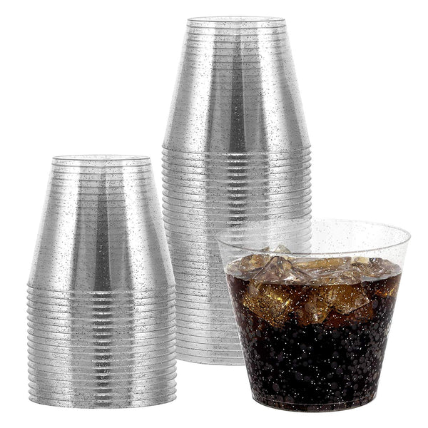 100 Silver Glittered Clear Hard Plastic Cups | 9 oz. Fancy Disposable Tumblers (100-Pack) by Bloomingoods