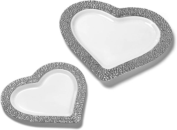 BloominGoods - Disposable Plastic Plates, White with SILVER HAMMERED - 8" HEART Dessert Plate (50-Pack)