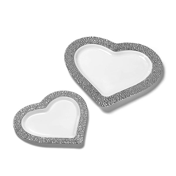 BloominGoods - Disposable Plastic plates, White with SILVER HAMMERED - 10" HEART Dinner Plates (50-Pack)
