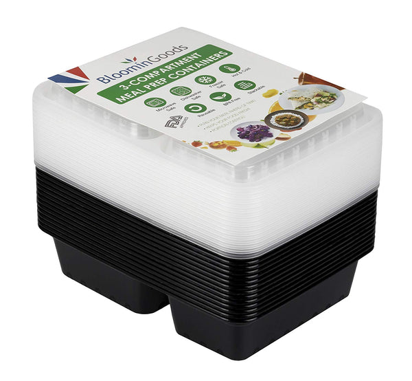 BloominGoods Meal Prep Containers | 3 Compartment Food Storage Container with Lids | Microwave, Dishwasher Safe, Reusable Portion Control Plates (15-Pack) by Bloomingoods