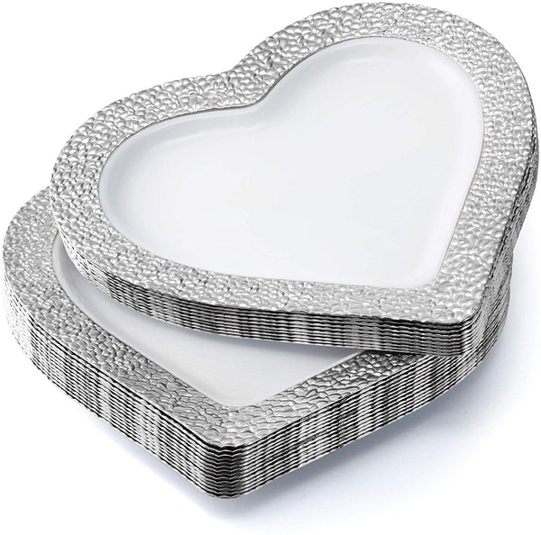 BloominGoods - Disposable Plastic Plates, White with SILVER HAMMERED - 8" HEART Dessert Plate (50-Pack)