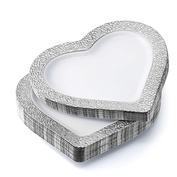 BloominGoods - Disposable Plastic Plates, White with SILVER HAMMERED - 8" HEART Dessert Plate (25-Pack)
