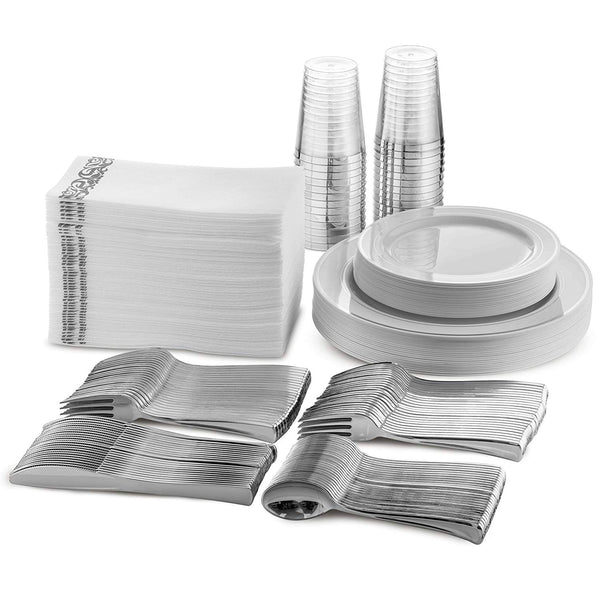 25 Guest Disposable Silver Dinnerware Set | Heavy Duty Plastic Plates, Cups, Silverware & Napkins. 50 Forks, 25 Spoons, 25 Knives, 25 Dinner Plates, 25 Dessert Plates & 25 Cups | Bonus 50 Guest Towels