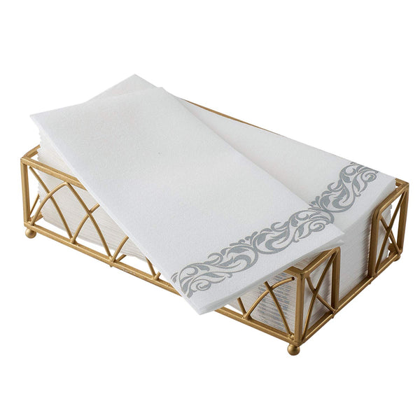 BloominGoods Disposable Dinner Napkins & Decorative Bathroom Paper Hand Towels | Soft and Absorbent Linen-Feel Guest Towels for Parties, Weddings, Dinners, Events | White and Silver (100-Pack)