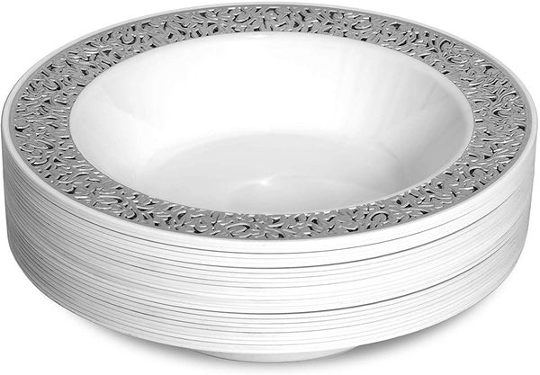 BloominGoods - Disposable Plastic plates, White with SILVER LACE - 14-Ounce Soupe Bowls (50-pack)