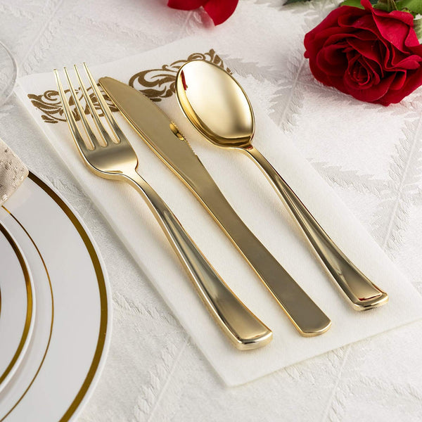 25 Guest Disposable Gold Party Dinnerware Set | Heavy Duty Plastic Plates & Silverware | Wedding Tableware set includes 50 Forks, 25 Spoons, 25 Knives, 25 Dinner Plates, 25 Dessert Plates (150 pieces)