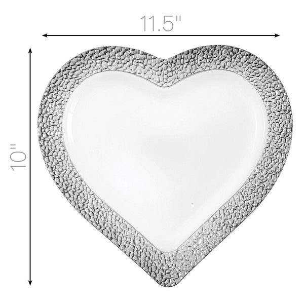 BloominGoods - Disposable Plastic plates, White with SILVER HAMMERED - 10" HEART Dinner Plates (50-Pack)