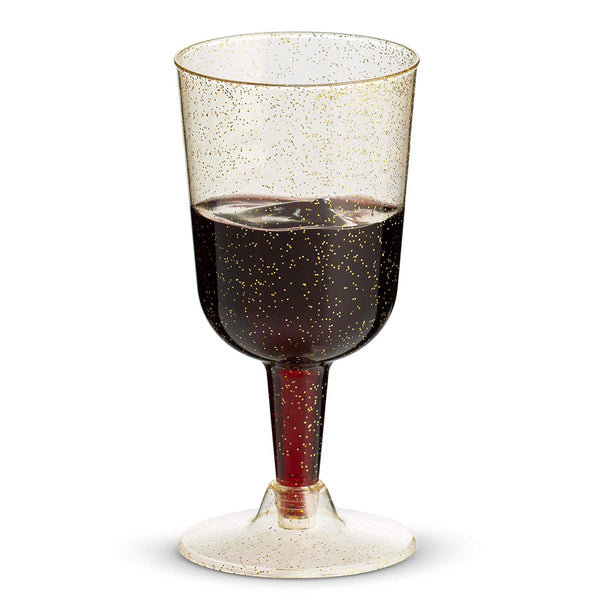 50 Gold Glitter Disposable Wine Glasses | 7 oz. Clear Hard Plastic Disposable Fancy Cups for Parties & Weddings (50-Pack) by BloominGoods