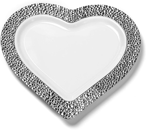 BloominGoods - Disposable Plastic Plates, White with SILVER HAMMERED - 8" HEART Dessert Plate (50-Pack)