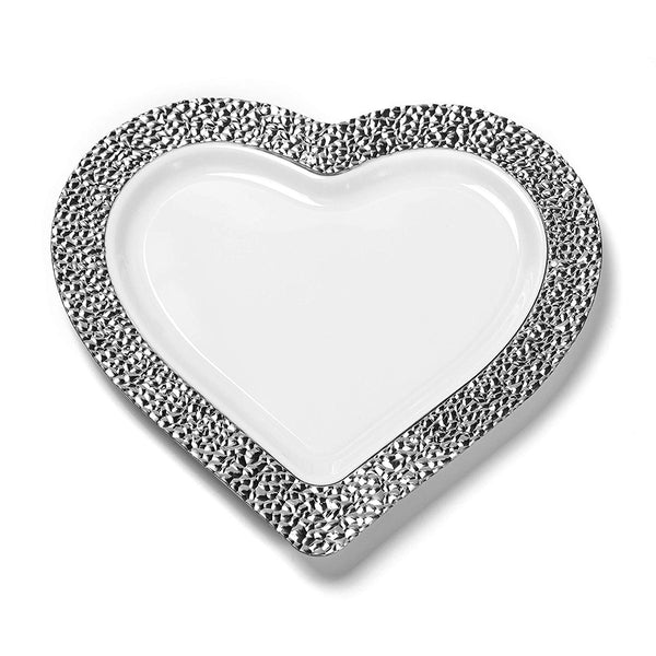 BloominGoods - Disposable Plastic Plates, White with SILVER HAMMERED - 8" HEART Dessert Plate (25-Pack)