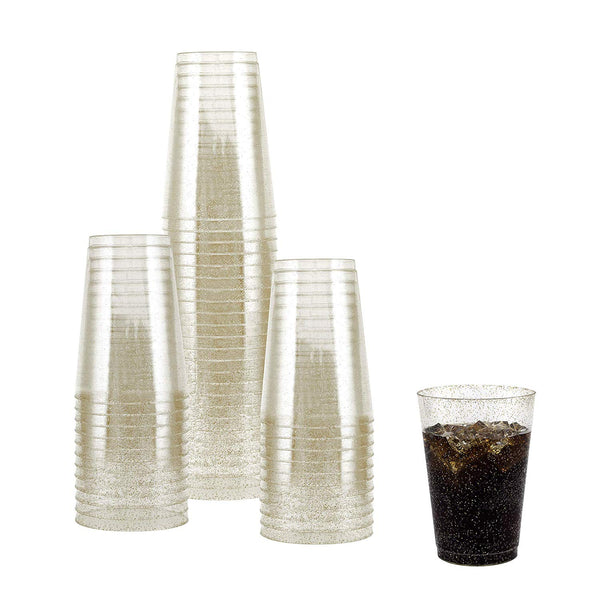 50 Gold Glitter Clear Hard Plastic Cups | 10 oz. Fancy Disposable Tumblers (50-Pack) by Bloomingoods