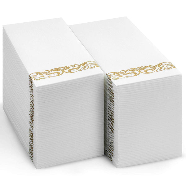 BloominGoods Disposable Dinner Napkins & Decorative Bathroom Paper Hand Towels | Soft and Absorbent Linen-Feel Guest Towels for Kitchen, Parties, Weddings, Dinners, Events | White and Gold (100-Pack)