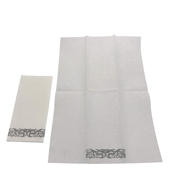 Bloomingoods Disposable Linen-Feel Guest Towels - Decorative White Hand Towels, Silver Floral Cloth-Like Paper Napkins - Case of 1000 (Bulk Packaging)