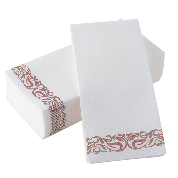 BloominGoods Disposable Dinner Napkins & Decorative Bathroom Paper Hand Towels | Soft and Absorbent Linen-Feel Guest Towels for Parties, Weddings, Dinners, Events | White, Rose Gold (100-Pack)