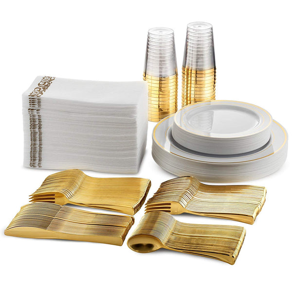 25 Guest Disposable Gold Dinnerware Set | Heavy Duty Plastic Plates, Cups, Silverware & Napkins. 50 Forks, 25 Spoons, 25 Knives, 25 Dinner Plates, 25 Dessert Plates & 25 Cups | Bonus 50 Guest Towels