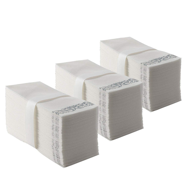 Bloomingoods Disposable Linen-Feel Guest Towels - Decorative White Hand Towels, Silver Floral Cloth-Like Paper Napkins - Case of 1000 (Bulk Packaging)