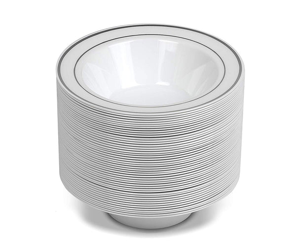 50 Disposable White Silver Trim Plastic Dessert Bowls | SMALL 6 oz. Premium Heavy Duty Disposable Dinnerware with Real China Design | Safe & Reusable and Great for Parties (50-Pack) by Bloomingoods