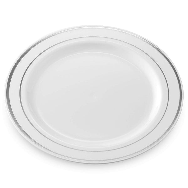 50 Plastic Disposable Dinner Plates | 10.25 inches White with Silver Rim Real China Look | Ideal for Weddings, Parties, Catering | Heavy Duty & Non Toxic (50-Pack) by BloominGoods