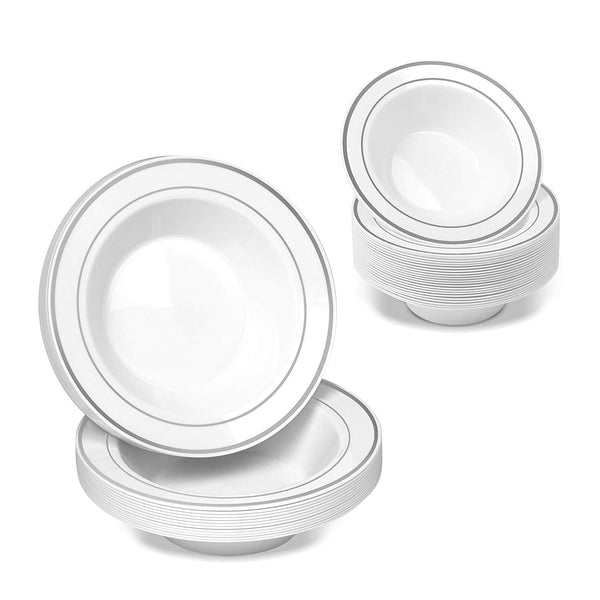 50 Disposable White Silver Rimmed Heavy Duty Plastic Bowls | 25 14 oz. Soup Bowls and 25 6 oz. Dessert/Appetizer Bowls | Premium Combo Disposable Dinnerware with Real China Design | Great for Parties