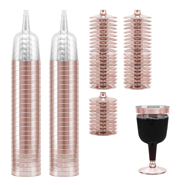 50-Pack Rose Gold Rimmed Disposable Wine Cups, 6 oz. | Clear Hard Plastic Fancy Small Dessert Cups (50-Pack) by Bloomingoods
