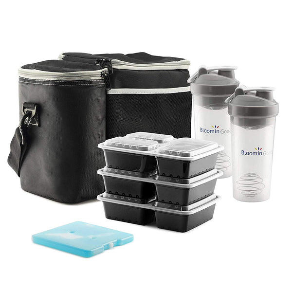 Insulated Lunch Bag with 3 Disposable Meal Prep Containers, 2 Shaker Bottles (28oz) and Reusable Ice Packs, Convenient Multi-Compartment System + Portion Control Kit for Your Daily Meal Plan