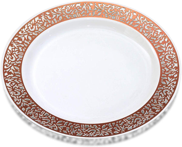 BloominGoods - Disposable Plastic plates, White with ROSE GOLD LACE - 7.5" Dessert Plate (50-pack)