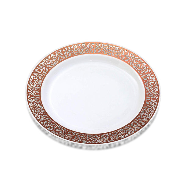 BloominGoods - Disposable Plastic plates, White with ROSE GOLD LACE - 10.25" Dinner Plates (50-pack)