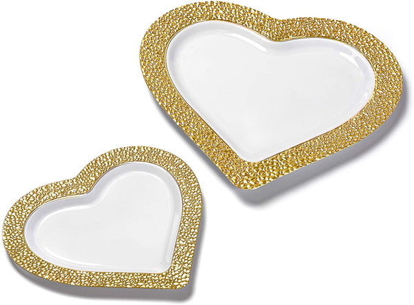 BloominGoods - Disposable Plastic Plates, White with GOLD HAMMERED - 8" HEART Dessert Plate (25-Pack)