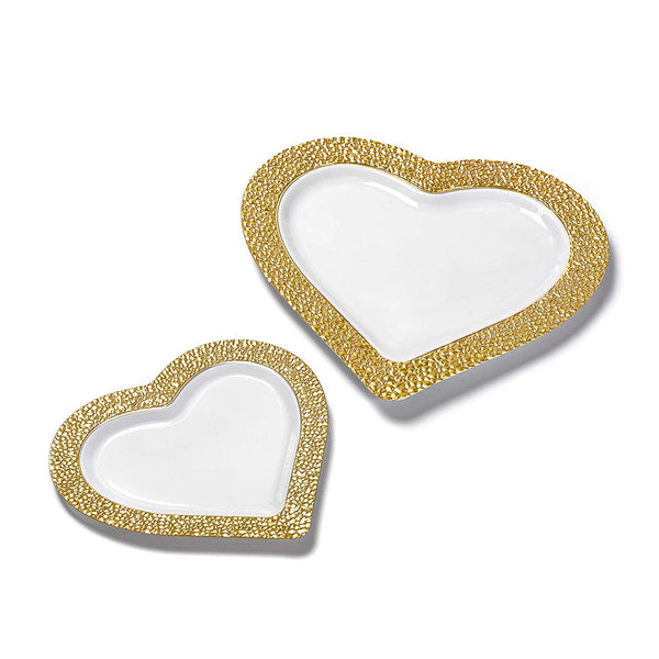 BloominGoods - Disposable Plastic Plates, White with GOLD HAMMERED - 8" HEART Dessert Plate (50-Pack)