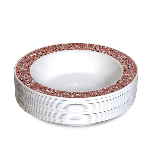 BloominGoods - Disposable Plastic plates, White with ROSE GOLD LACE - 14-Ounce Soupe Bowls (50-pack)