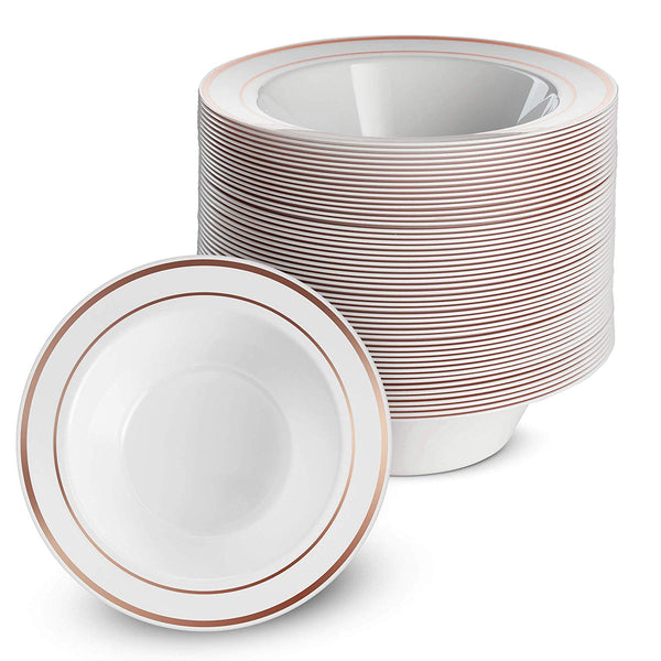 Disposable White Rose Gold Rimmed Plastic Dessert Bowls | SMALL 6 oz. Premium Heavy Duty Disposable Dinnerware with Real China Design | Safe & Reusable and Great for Parties (50-Pack) by Bloomingoods