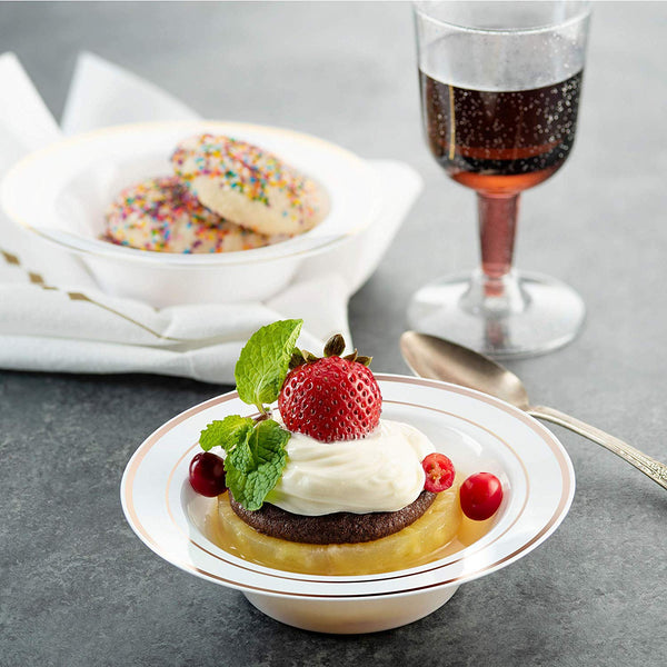 BloominGoods - Disposable Plastic plates, White with ROSE GOLD Rim - 6-Ounce Dessert Bowls (100-pack)