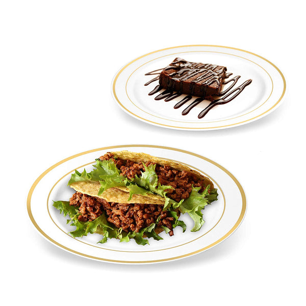 25 Guest Disposable Gold Party Dinnerware Set | Heavy Duty Plastic Plates & Silverware | Wedding Tableware set includes 50 Forks, 25 Spoons, 25 Knives, 25 Dinner Plates, 25 Dessert Plates (150 pieces)