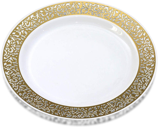 BloominGoods - Disposable Plastic plates, White with GOLD LACE - 7.5" Dessert Plate (50-pack)