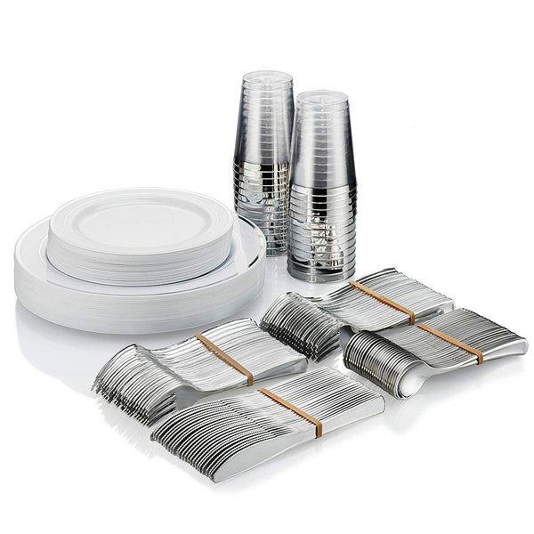 25 Guest Disposable Silver Rimmed Dinnerware Set | Heavy Duty Plastic Plates, Cups & Silverware. | 50 Forks, 25 Spoons, 25 Knives, 25 Dinner Plates, 25 Dessert Plates & 25 Cups (175 pieces) Silver