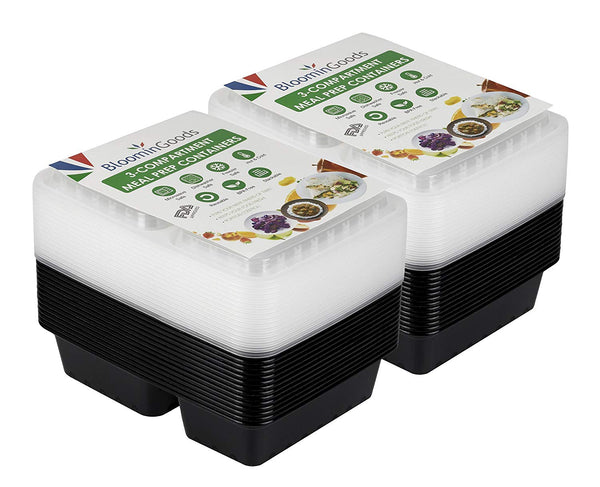 BloominGoods Meal Prep Containers | 3 Compartment Food Storage Container with Lids | Microwave, Dishwasher Safe, Reusable Portion Control Plates (30-Pack)
