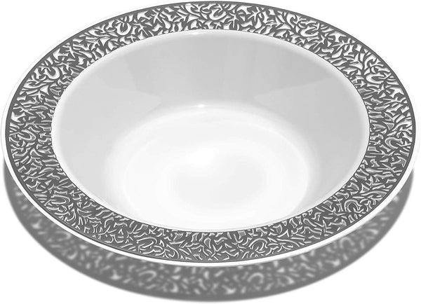 BloominGoods - Disposable Plastic plates, White with SILVER LACE - 14-Ounce Soupe Bowls (50-pack)
