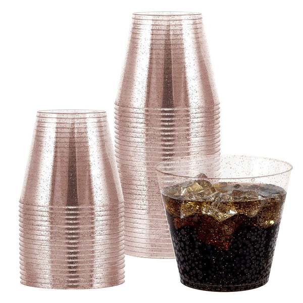 100 Rose Gold Glitter Clear Hard Plastic Cups | 9 oz. Fancy Disposable Wedding Tumblers (100-Pack) by Bloomingoods