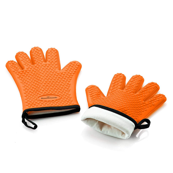BloominGoods Silicone Cooking Gloves – Heat Resistant Oven Mitt & barbecue gloves for Grilling, BBQ and Baking - Non-Slip Potholders with Internal Protective Cotton Layer (Orange)