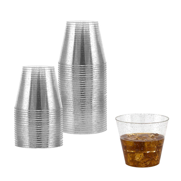 100 Silver Glittered Clear Hard Plastic Cups | 9 oz. Fancy Disposable Tumblers (100-Pack) by Bloomingoods