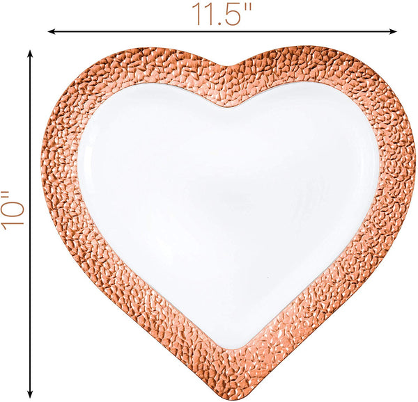 BloominGoods - Disposable Plastic plates, White with ROSE GOLD HAMMERED - 10" HEART Dinner Plates (25-Pack)
