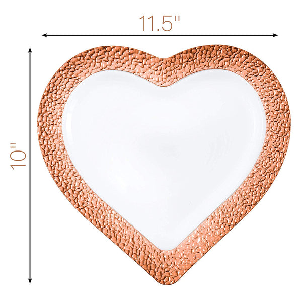 BloominGoods - Disposable Plastic plates, White with ROSE GOLD HAMMERED - 10" HEART Dinner Plates (50-Pack)