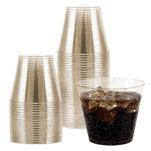 100 Gold Glitter Clear Hard Plastic Cups | 9 oz. Fancy Disposable Tumblers (100-Pack) by Bloomingoods