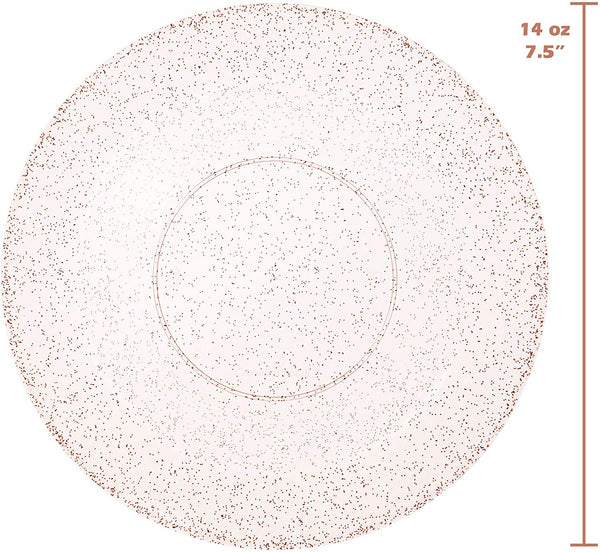 BloominGoods - Disposable Plastic plates, Clear with ROSE GOLD Glitter - 14-Ounce Soupe Bowls (50-pack)