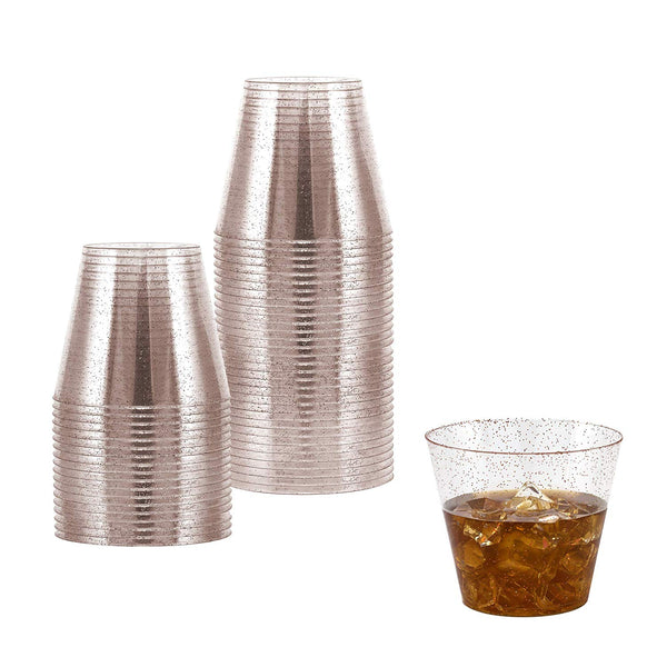100 Rose Gold Glitter Clear Hard Plastic Cups | 9 oz. Fancy Disposable Wedding Tumblers (100-Pack) by Bloomingoods